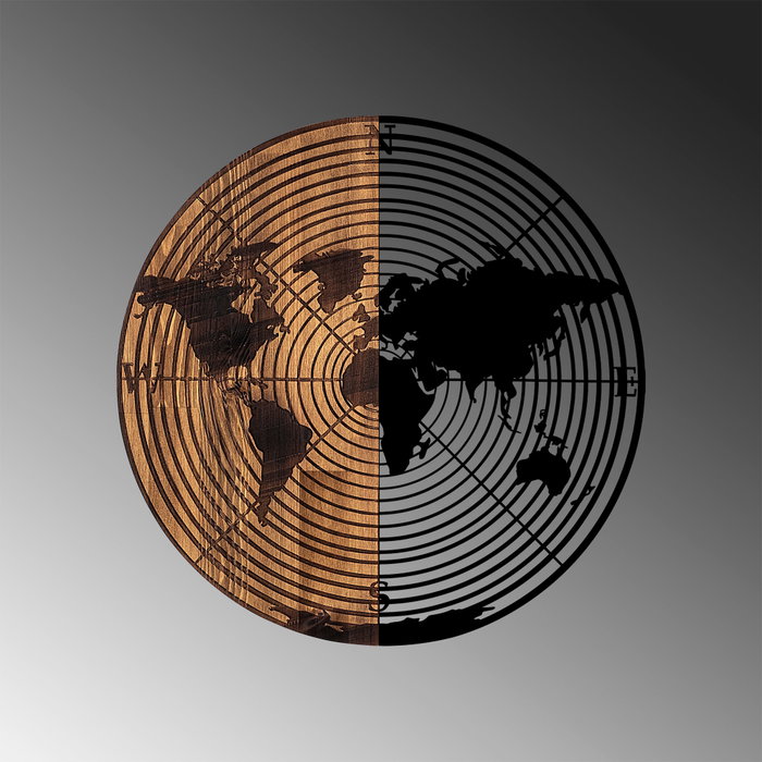 Wallity Accesorio Decorativo de Pared World Map 321, Madera y Metal, Negro y Nogal, 56 cm Diámetro